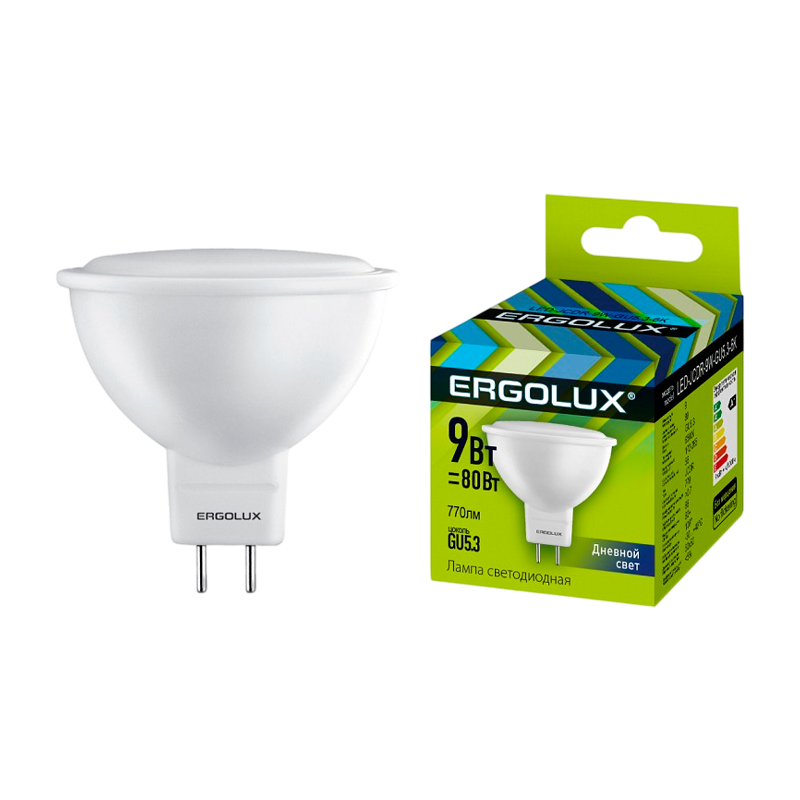Лампа светодиодная Ergolux JCDR GU5.3 9W 6500К 172-265V софит (1/10/100)