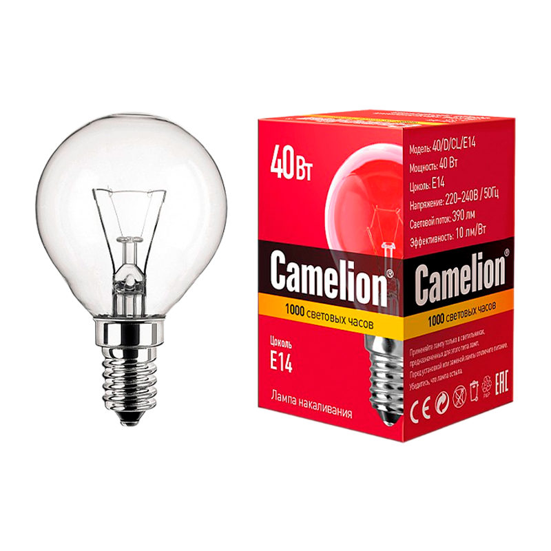 Лампа накаливания Camelion E14 40W 220V шар прозрачная (1/100)