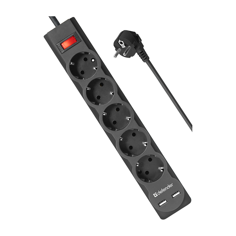 Сетевой фильтр Defender DFS 751 5р.С/З 10A 2USB 220 Дж 1.8м черный (1/30)