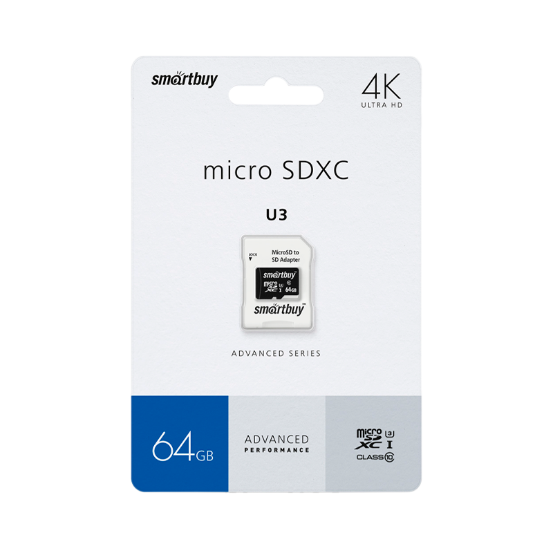 Карта памяти microSD Smartbuy Advanced Series 64GB Class10 UHS-I (U3) 90 МБ/сек V30 A1 с адаптером