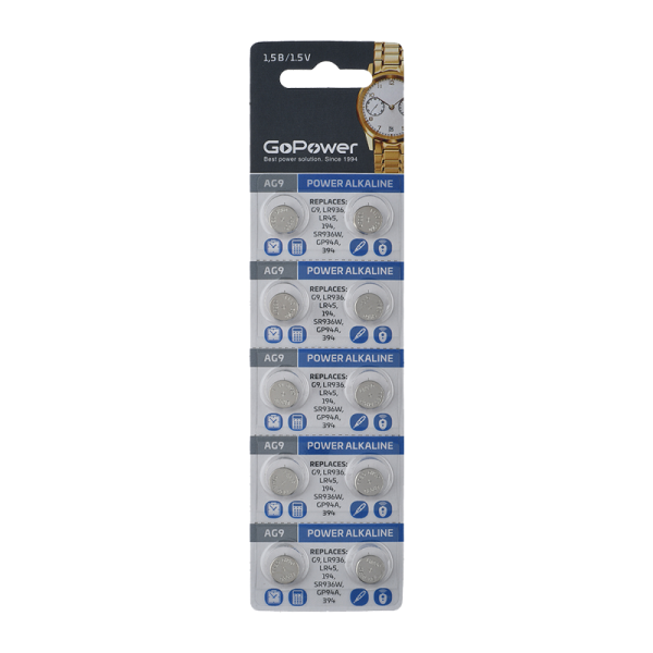 Батарейка GoPower G9/LR936/LR45/394A/194 BL10 Alkaline 1.55V (10/100/3600)