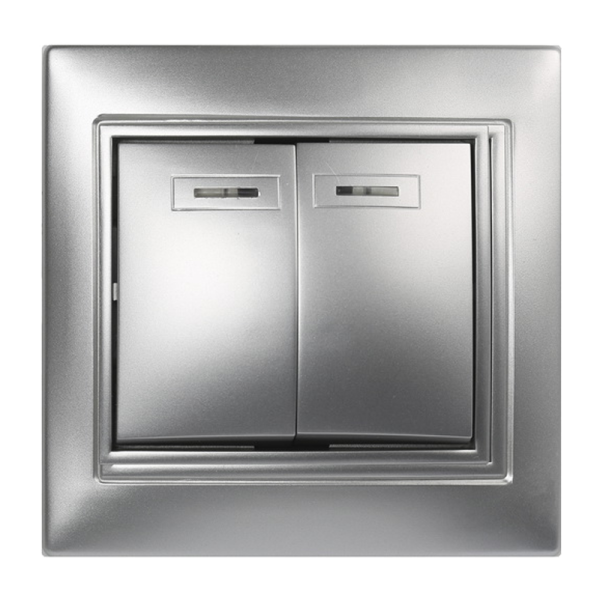 Выключатель Smartbuy 2-клавишный с индикатором 10А серебро, "Венера"