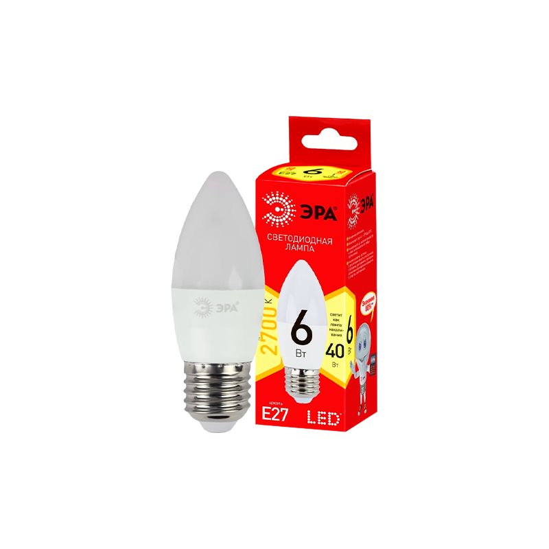 Лампа светодиодная ЭРА B35 E27 6W 2700К 220-240V свеча Eco (1/10/100)