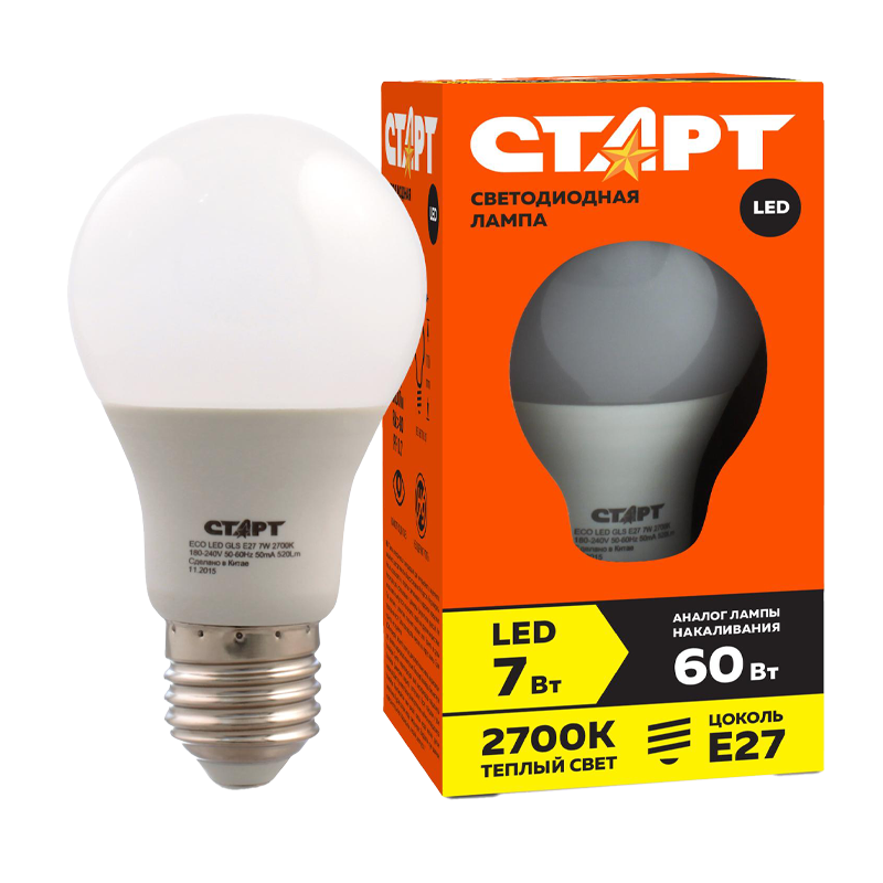 *Лампа светодиодная Старт GLS E27 7W 3000К 220V груша Eco матовая (1/10/100) 