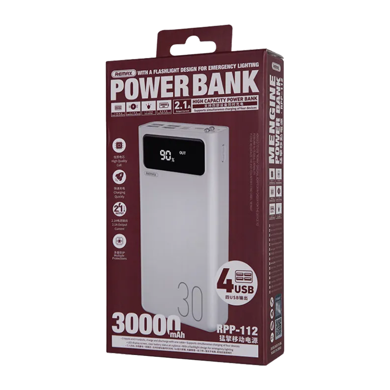Внешний аккумулятор Remax RPP-112 30000mAh 2.0A 4USB/Lightning/Type-C белый (1/27)