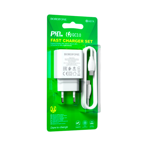 Сетевое З/У Borofone BA67A 1USB/Type-C 3.0A 20W белый (1/52/208)