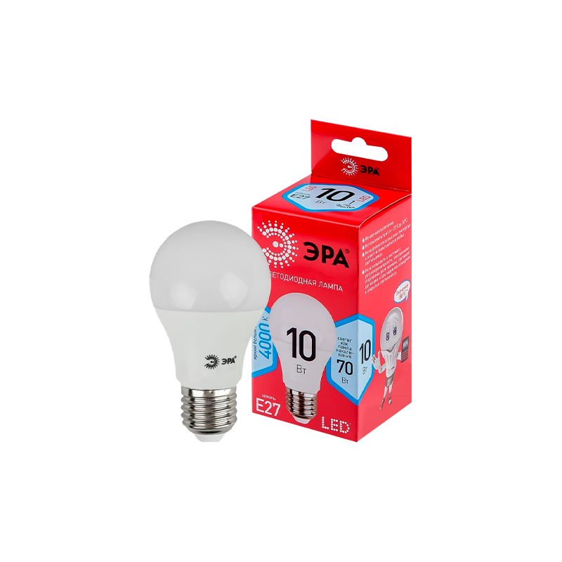 Лампа светодиодная ЭРА A60 E27 10W 4000К 220-240V груша (1/10/100)
