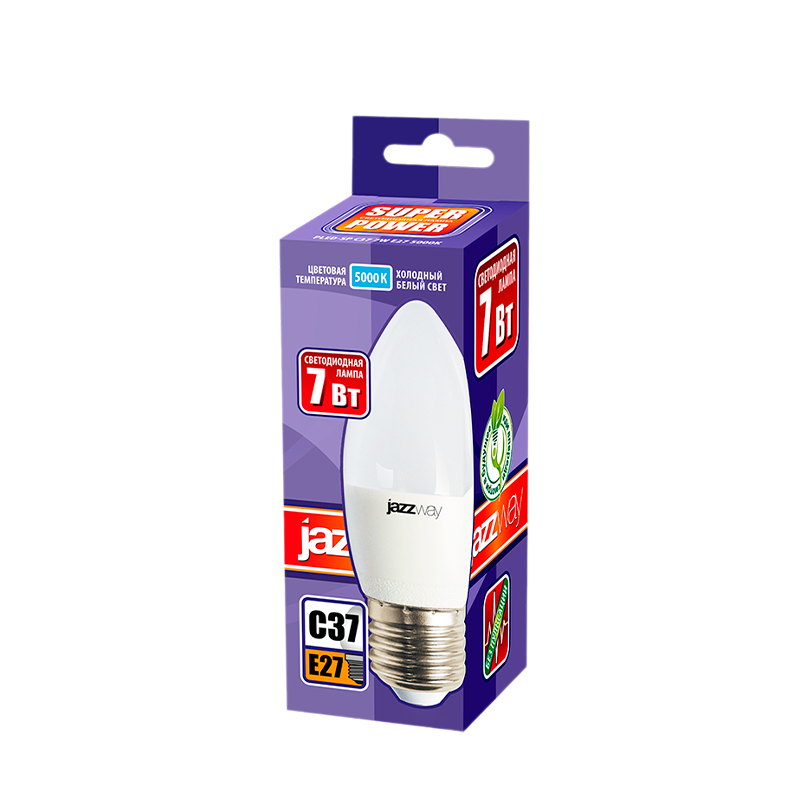 Лампа светодиодная JAZZway C37 E27 7W 5000К 230V свеча матовая (1/10/100)