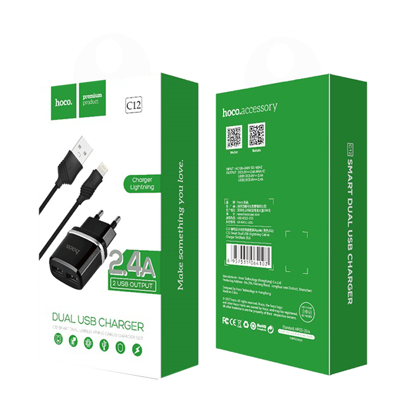 Сетевое З/У HOCO C12 2USB 2.4A с кабелем Lightning черный (1/10/100)