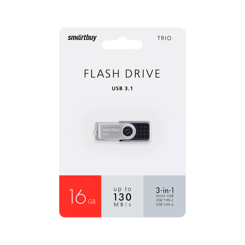 Флеш-накопитель Smartbuy TRIO 16GB USB3.0 Type-C (m)/microUSB (m) пластик черный