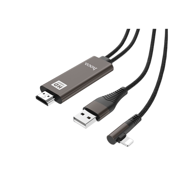 Кабель HOCO UA14 USB (m)-Lightning/HDMI (m) 2.0м 2.0A нейлон черный (1/82)