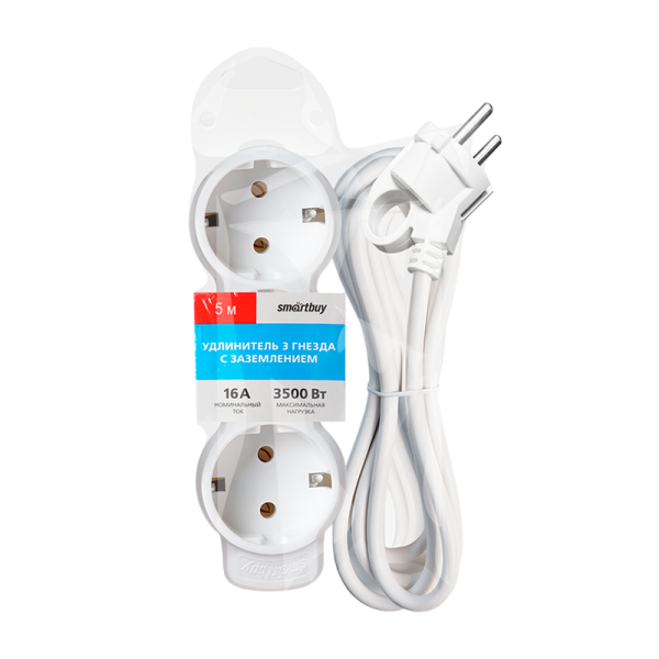 Удлинитель Smartbuy NEW 3р.С/З 16A 5.0м ПВС 3x1мм² белый (1/32)