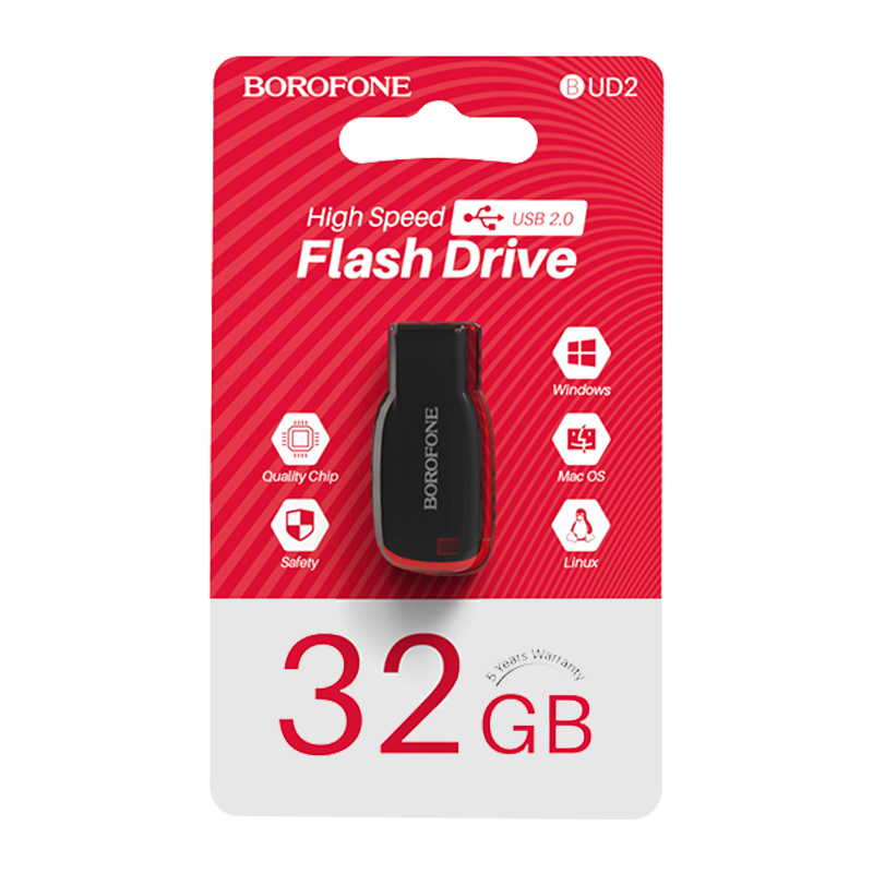 Флеш-накопитель Borofone Generous BUD2 32GB USB2.0 пластик черный красный (1/35/280)