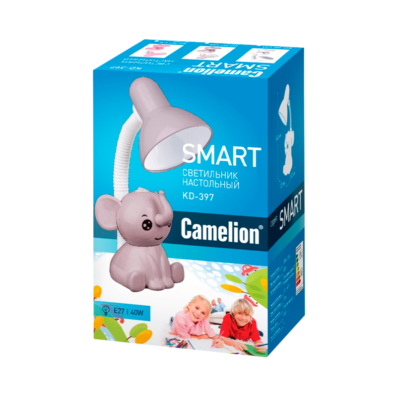 Светильник настольный Camelion KD-397 Слоник 40W 230V E27 на основании серый (1/16)