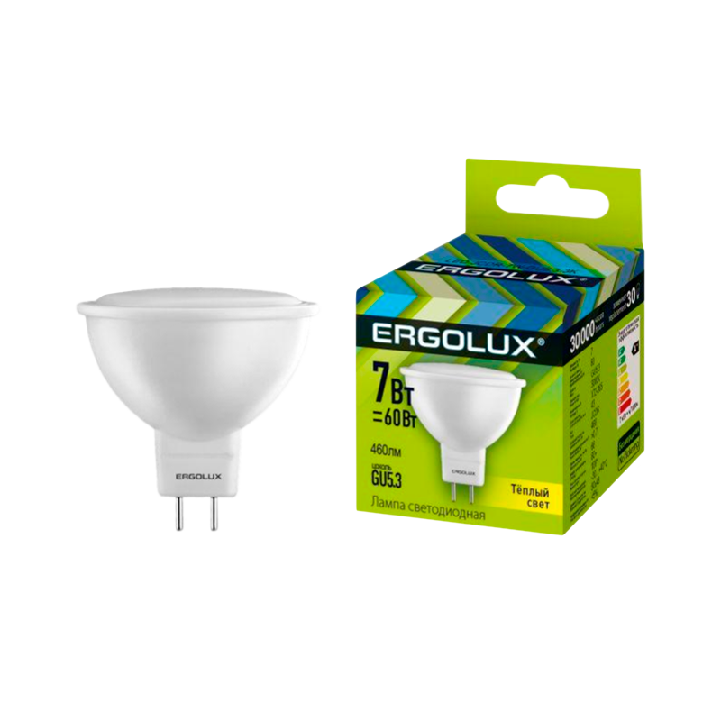 Лампа светодиодная Ergolux JCDR GU5.3 7W 3000К 180-240V софит (1/10/100)