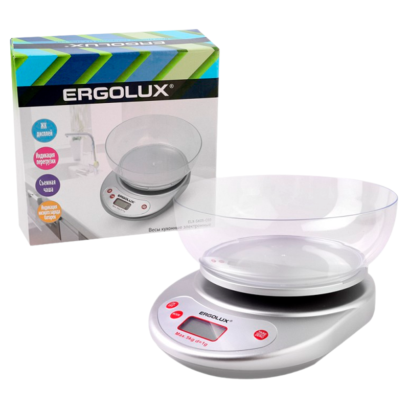 Весы кухонные Ergolux ELX-SK05-C03 электронные 5кг со съемной чашей серый (1/24)