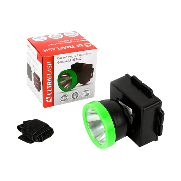 Фонарь налобный Ultraflash LED53762 0.5W 1LED от батареек черный зеленый (1/200)