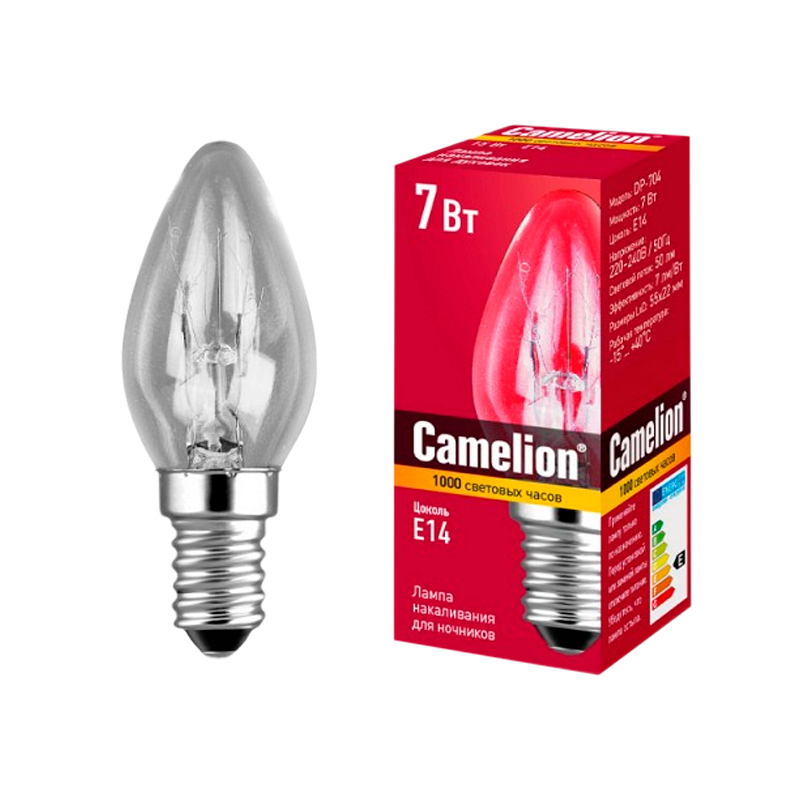 Лампа накаливания Camelion E14 7W 220-240V свеча для ночников прозрачная (1/50/500)