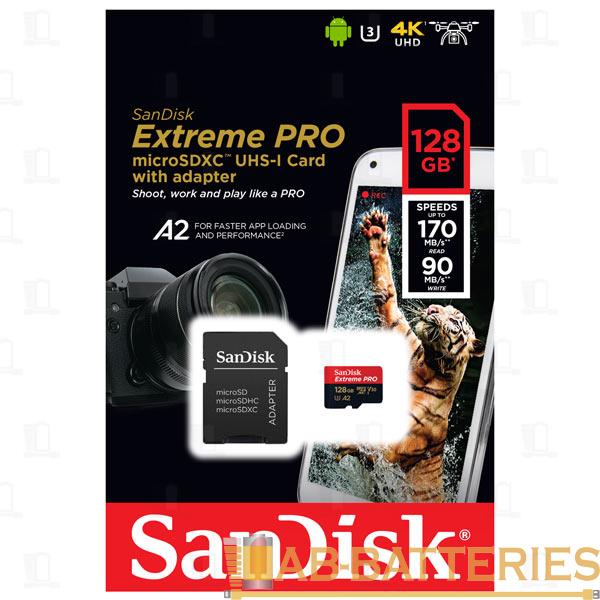 Карта памяти microSD SanDisk Extreme Pro 128GB UHS-I (U3) 170 МБ/сек V30 A2 с адаптером