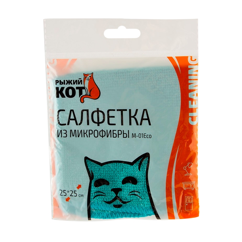 Салфетка Рыжий кот М-01Есо 25х25см микрофибра бирюзовый (1/40/200)