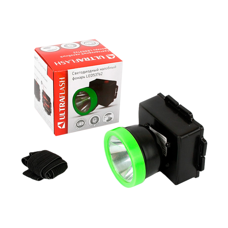 Фонарь налобный Ultraflash LED53762 0.5W 1LED от батареек черный зеленый (1/200)