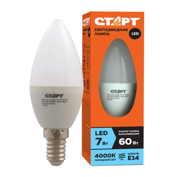 Лампа светодиодная Старт B35 E14 7W 4000К 220V свеча Eco матовая (1/10/100)