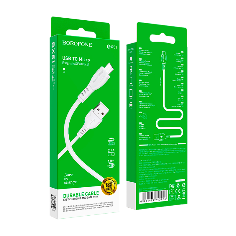 Кабель Borofone BX51 USB (m)-microUSB (m) 1.0м 2.0A ПВХ белый в коробке (1/360)
