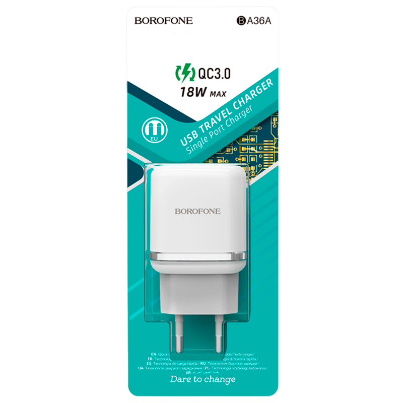 Сетевое З/У Borofone BA36A 1USB 3.0A 18W QC3.0 белый (1/65/260)
