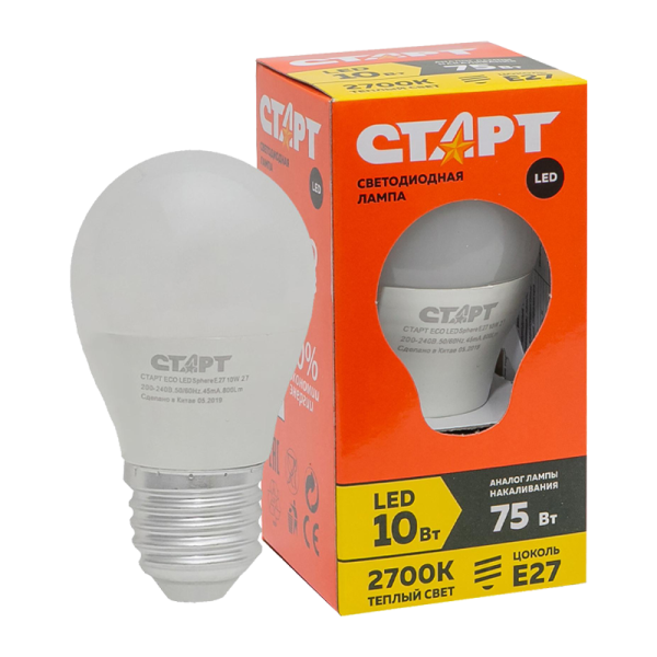 Лампа светодиодная Старт G47 E27 10W 2700К 220V шар Eco матовая (1/10/100)