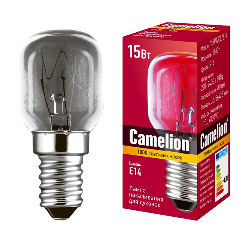 Лампа накаливания Camelion E14 15W 220-240V цилиндр 300°C для духовок прозрачная (1/50/500)
