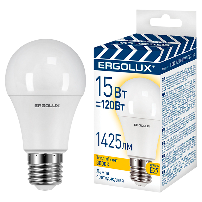 Лампа светодиодная Ergolux A60 E27 15W 3000К 180-240V груша ЛОН ПРОМО (1/100)