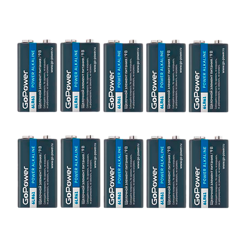 Батарейка GoPower Крона 6LR61 Shrink 1 Alkaline 9V (1/10/200)