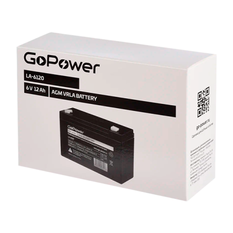 Аккумулятор свинцово-кислотный GoPower LA-6120 6V 12Ah клеммы T2/ F2 в картонной упаковке