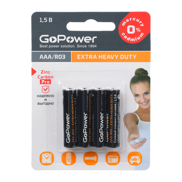 Батарейка GoPower R03 AAA BL4 Heavy Duty 1.5V (4/48/576)