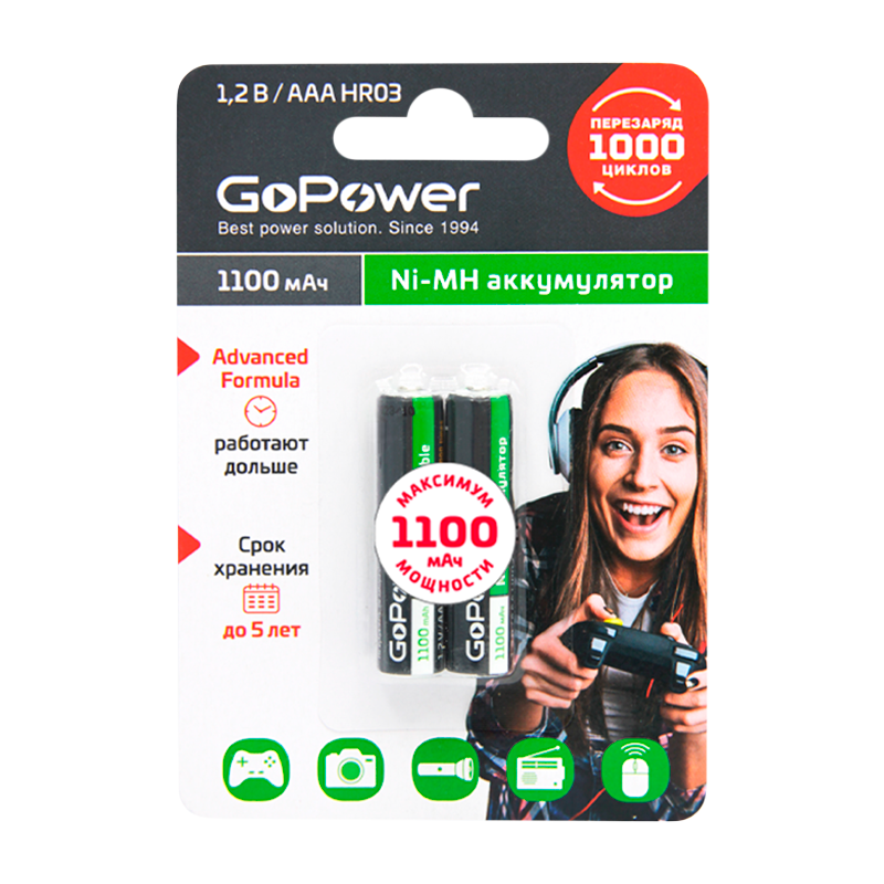 Аккумулятор бытовой GoPower HR03 AAA BL2 NI-MH 1100mAh (2/20/320)