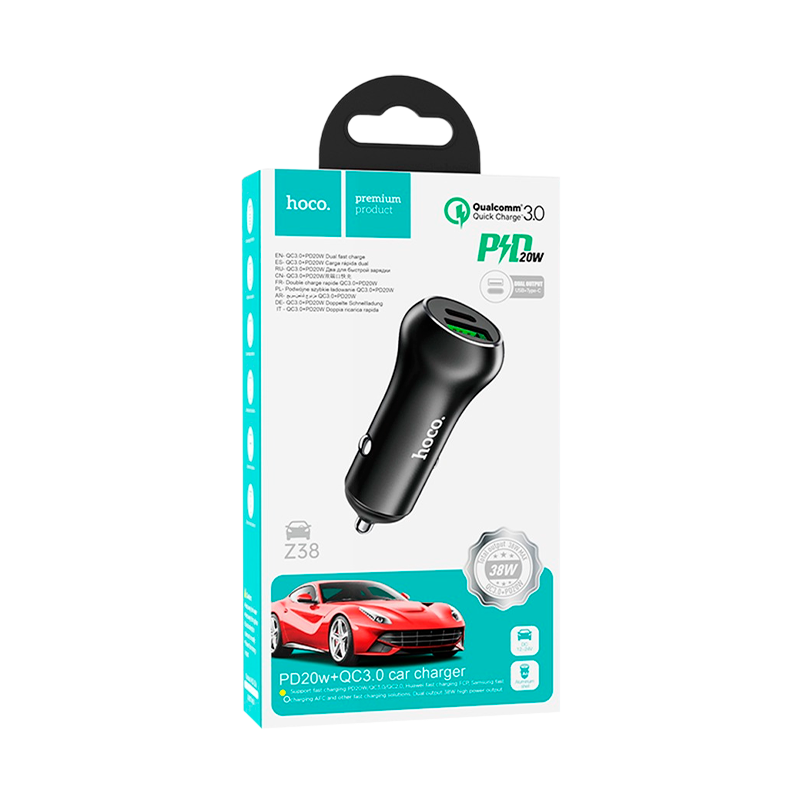 Автомобильное З/У HOCO Z38 1USB/Type-C QC3.0 черный (1/12/120)