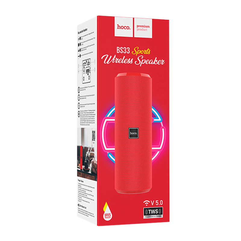 Портативная колонка HOCO BS33 bluetooth 5.0 IPX5 microSD красный (1/30)