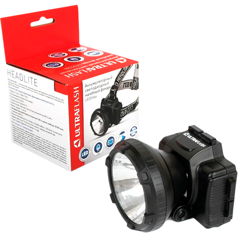 Фонарь налобный Ultraflash LED5364 0.5W 1LED от аккумулятора 2 режима черный (1/5/100)