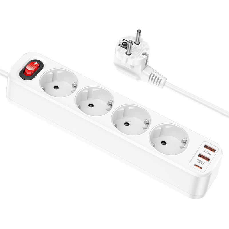 Разветвитель HOCO NS1 Aura 4р.С/З 16A 2USB/Type-C PD3.0 белый (1/30)
