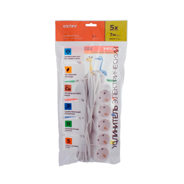 Удлинитель Старт S 5р.С/З 10A 7.0м IP20 белый (1/20)