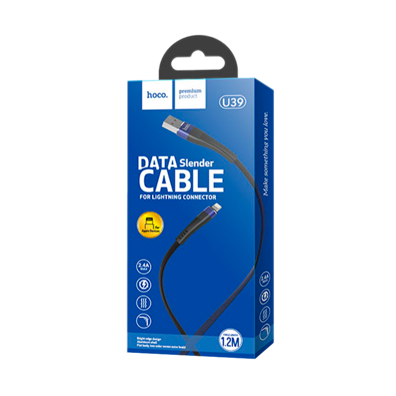 Кабель HOCO U39 USB (m)-Lightning (m) 1.2м 2.4A нейлон синий (1/24/240)