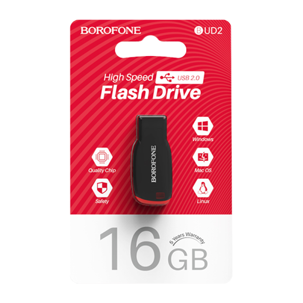 Флеш-накопитель Borofone Generous BUD2 16GB USB2.0 пластик черный (1/35/280)