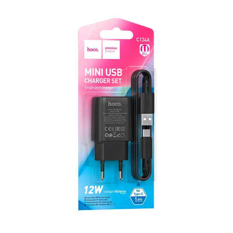 Сетевое З/У HOCO C134A 1USB/Type-C 3.0A QC3.0 черный (1/72)