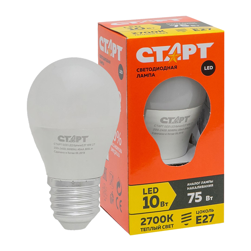Лампа светодиодная Старт G47 E27 10W 2700К 220V шар Eco матовая (1/10/100)