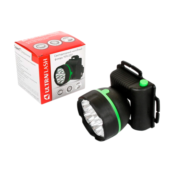 Фонарь налобный Ultraflash 909 1.7W 7LED от батареек черный (1/100)