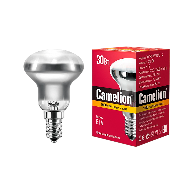 Лампа накаливания зеркальная Camelion R39 E14 30W 220-240V рефлектор матовая (1/100)
