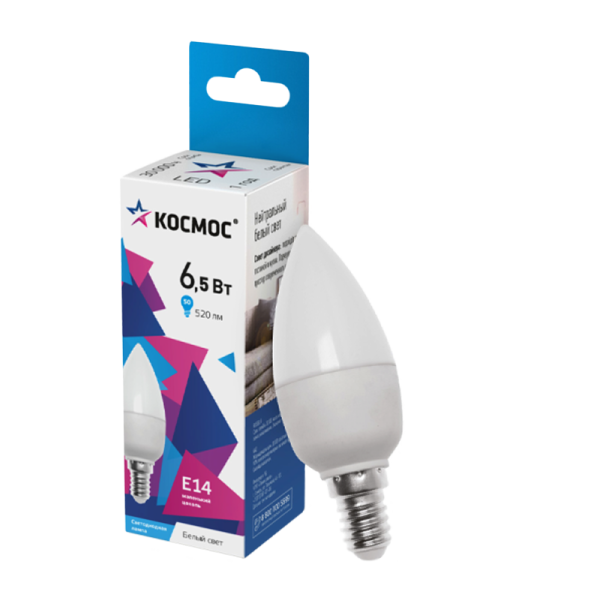 *Лампа светодиодная Космос CN E14 6.5W 4500К 220V свеча матовая (1/10/80) 