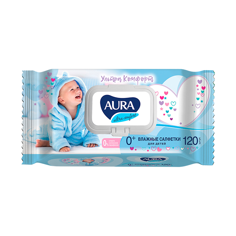Салфетка Aura для детей с пластиковым клапаном 120шт. (1/12)