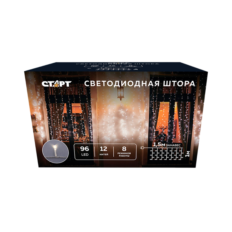 Гирлянда Старт НГ 96LED 1.5*1м лампочки занавес медь 8 режимов белый (1/25/100)