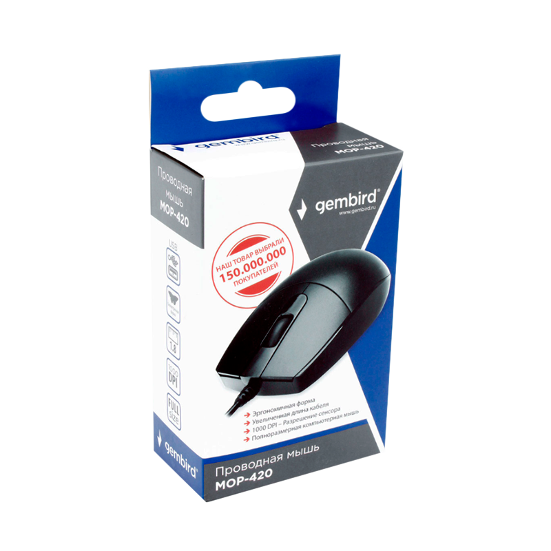 Мышь проводная Gembird MOP-420 классическая USB черный (1/100)